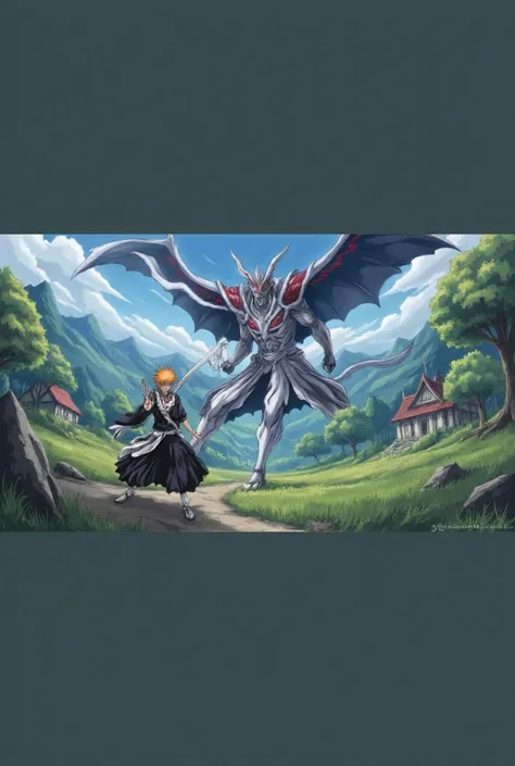 Ichigo face to face against the devil, With his arm outstretched clutching his black sword, ichigo attacks, On the other hand, the devil covers himself with his arms and showing his teeth