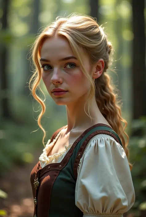 I want the image of a 23-year-old woman, With very light skin, very light and smooth blond hair, His eyes are a very dark blue. Her features are feminine and delicate, and she wears period village clothing..  He is standing in a forest .