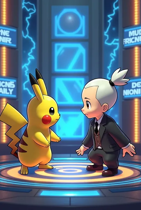 A video game battle screen in the style of Pokkén Tournament, featuring a struggle between real Pikachu and the psychoanalyst Sigmund Freud's character with shaved hair. The background is a high-tech battle arena with vibrant blue and orange panels, with d...