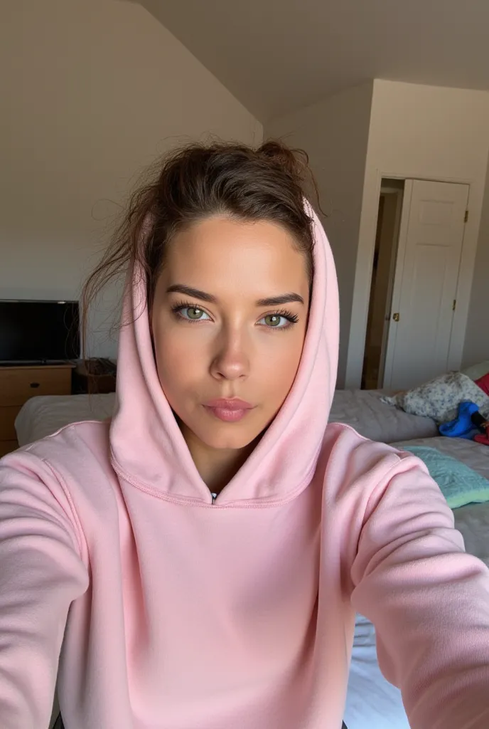 A hot 18 year old brunette girl sitting on her bed making a kissy face wearing a hoodie and no pants.  taking a selfie