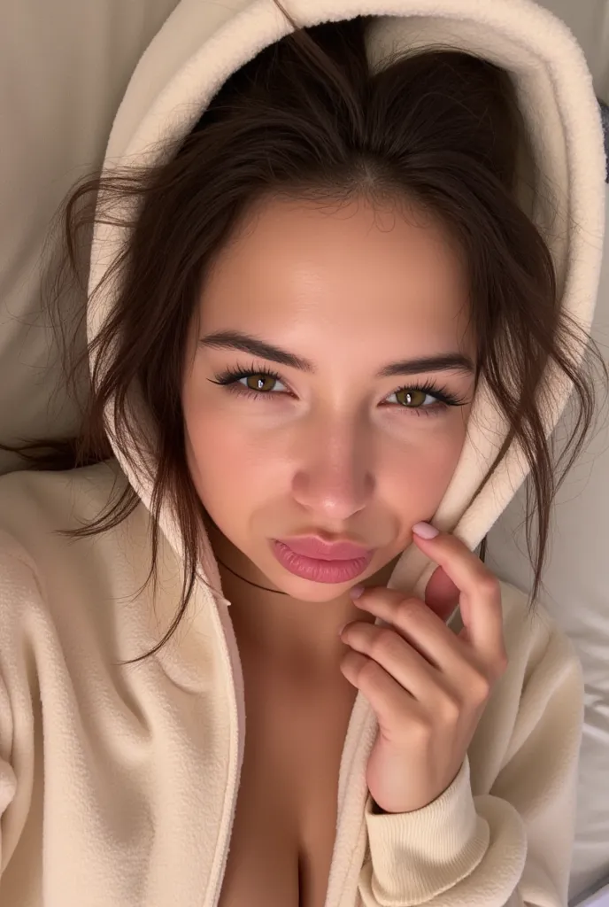 A hot 18 year old brunette girl sitting on her bed making a kissy face wearing a hoodie and no pants.  taking a selfie