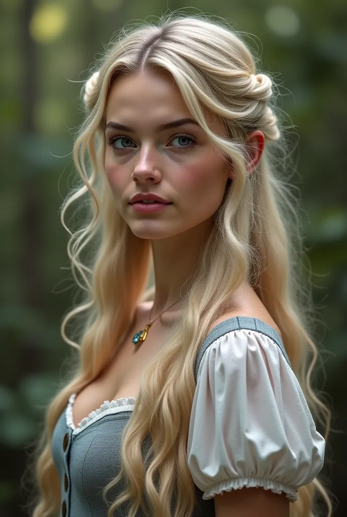 I want the image of a 23-year-old woman, With very light skin, very light and smooth blond hair, His eyes are a very dark blue. Her features are feminine and delicate and she wears vintage village clothes.  He is standing in a forest .