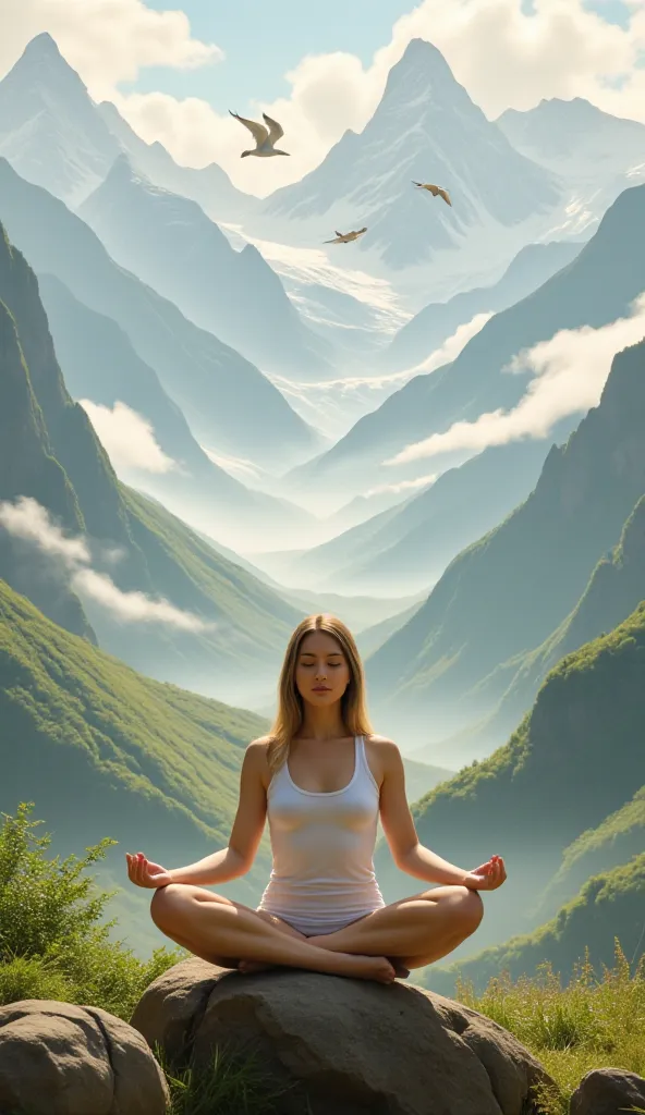 A woman meditating on a mountain overlooking a lush valley, morning mist surrounding the peaks, Birds Flying in Formation, oil painting style with soft colors and earthy tones