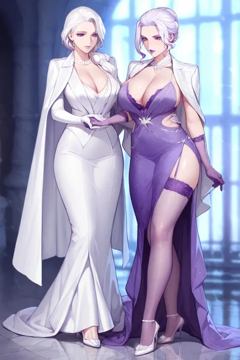 Female, White elegant hair tied in a bun, calm look, Purple lipstick, Purple makeup, crystal purple eyes, holding her hands on her waist, fleshy body, Purple long elegant dress, white short cloak, purple lace gloves, purple lace stockings, high heels, shin...