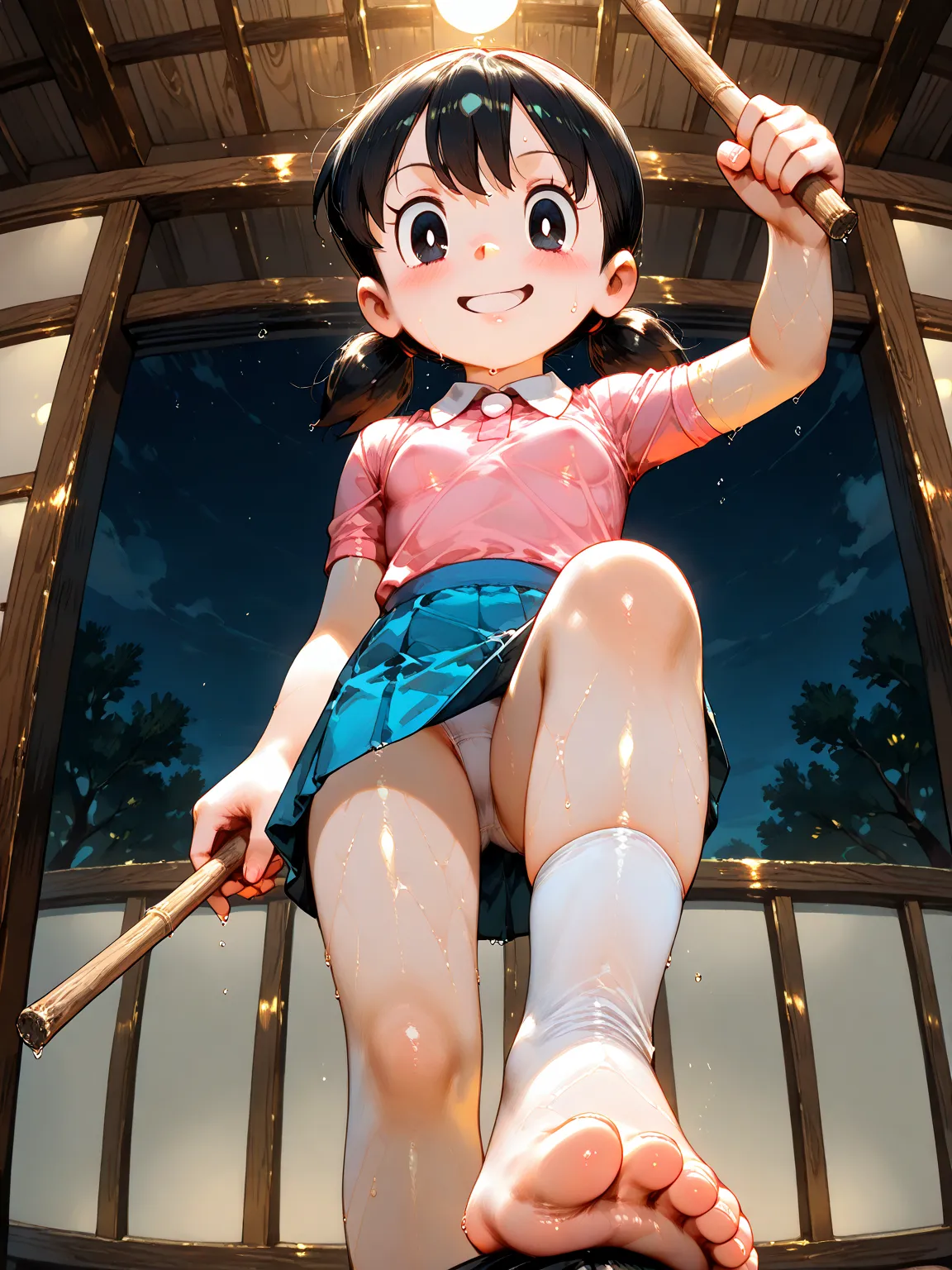 (minamoto shizuka \(doraemon\), black hair, low twintails, short twintails, black eyes, pink shirt, white collar, blue skirt, white kneehighs, pink shoes, slender, tiny breast),(smirk),((holding a stick)),(sweaty), (sexy pose),((barefoot)),(old dojo),((vie...