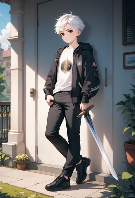 A young boy with white hair, short hair, black eyes, wearing a white shirt inside, with a black tie, wearing a long sweater with a black hoodie, wearing black trousers, black shoes, pulling a sword out of the hatch, has a spiritual aura effect. All around,...