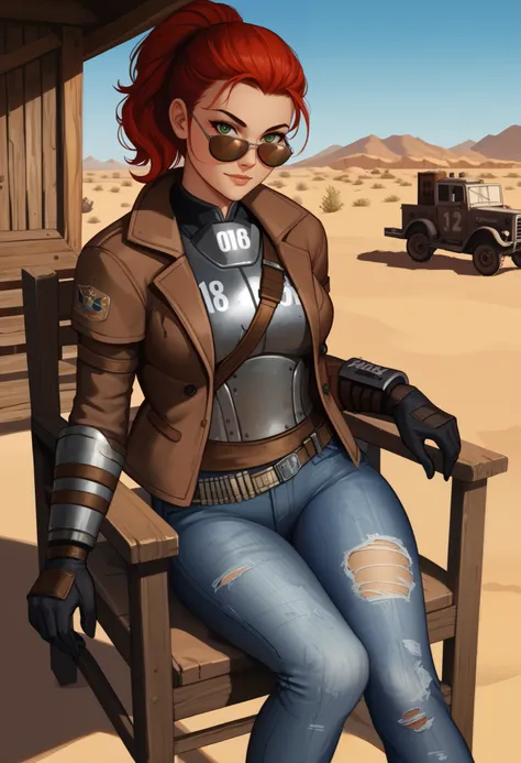 1girl, red hair, medium hair, sidelocks, ponytail, green eyes, desert ranger armour, fallout new vegas ranger attire, belt, torn jeans, gloves, brown jacket, gloves, aviator sunglasses, desert, chair, hut, sitting, looking at viewer, cowboy shot score_9, s...