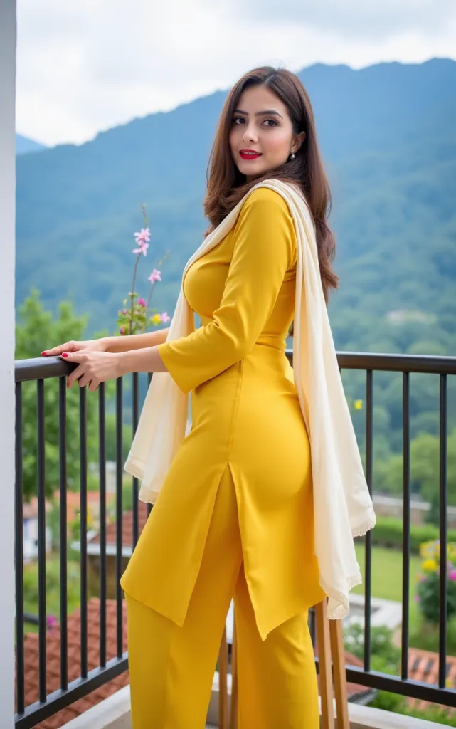 High quality professional photographs of beautiful brunette hair girl,(( having huge breast and curvy hot body)), beautiful face, detailed face, (((((wearings silk yellow glowing silk pakistani traditional(( kurti amd pajamas)) )))and ((white dupatta on he...