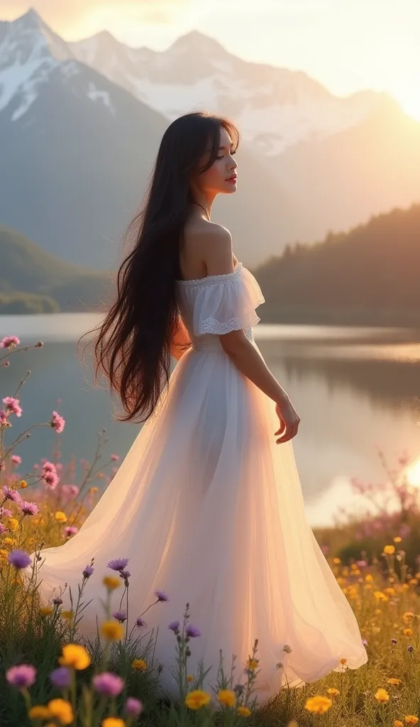 A stunningly beautiful young woman with long, silky black hair, wearing a flowing white dress that glows softly in the golden light of sunset. She stands gracefully on a grassy hill, surrounded by vibrant wildflowers in shades of pink, purple, and yellow. ...