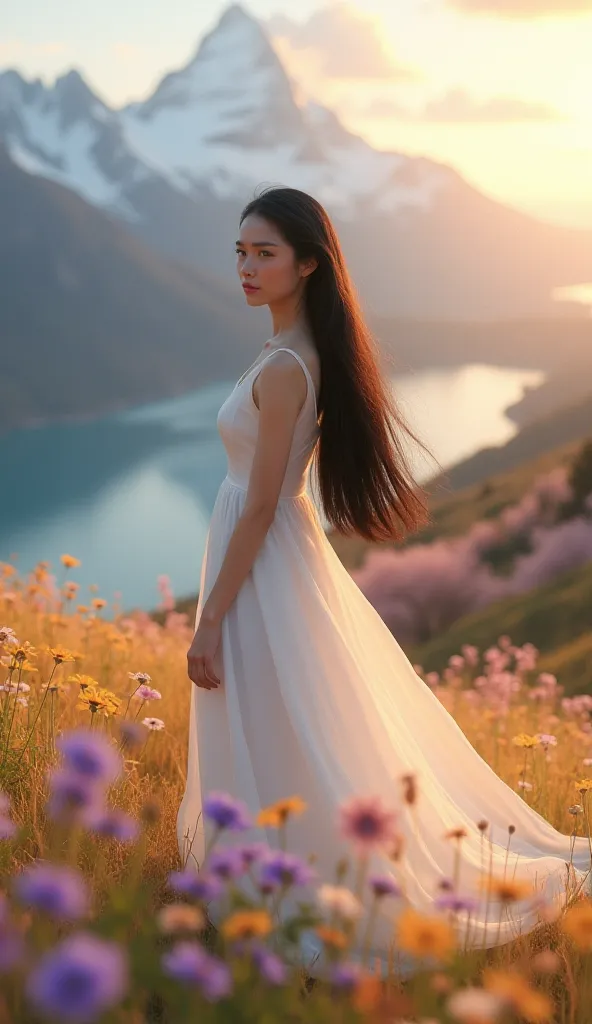 A stunningly beautiful young woman with long, silky black hair, wearing a flowing white dress that glows softly in the golden light of sunset. She stands gracefully on a grassy hill, surrounded by vibrant wildflowers in shades of pink, purple, and yellow. ...