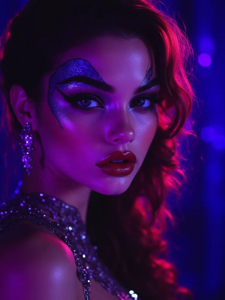 AN IMAGE OF THE FACE OF AN EXTREMELY BEAUTIFUL WOMAN, con Traits europeos Cabello LARGO Y NEGRO OJOS AZULES ZAFIRO mejillas sonrojadas piel brillante glitter, Traits,  crimson red lips , COLLAR DE DIAMANTES FONDO BRILLOSO purple Y LILA, NEON LIGHT, without...