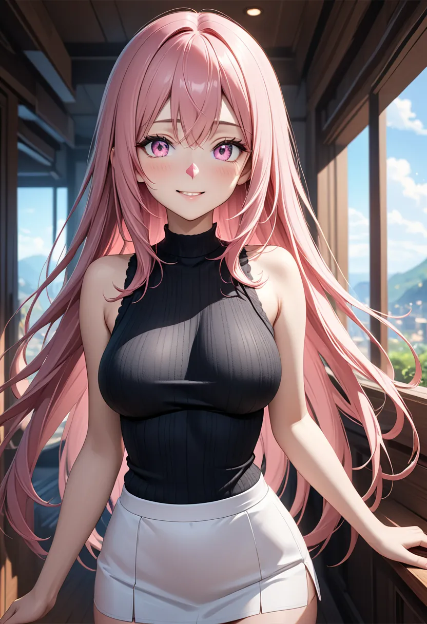 ( Best Quality ), (High Resolution), (8k), (inelity detailed background), (masterpiece:1.2),Beautiful Girl,midium breasts,  glossy pink hair , long hair, fine hair, Beautiful pink eyes, (detailed eyes), (beautiful eyes), A neat nose, break, hair breasts, B...