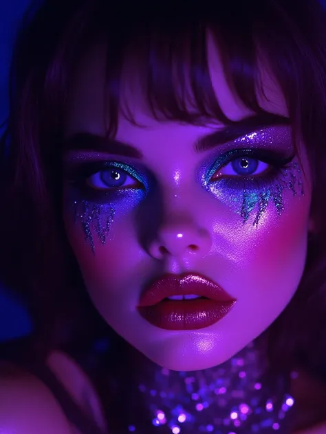 AN IMAGE OF THE FACE OF AN EXTREMELY BEAUTIFUL WOMAN, con Traits europeos Cabello LARGO Y NEGRO OJOS AZULES ZAFIRO mejillas sonrojadas piel brillante glitter, Traits,  crimson red lips , COLLAR DE DIAMANTES FONDO BRILLOSO purple Y LILA, NEON LIGHT, without...