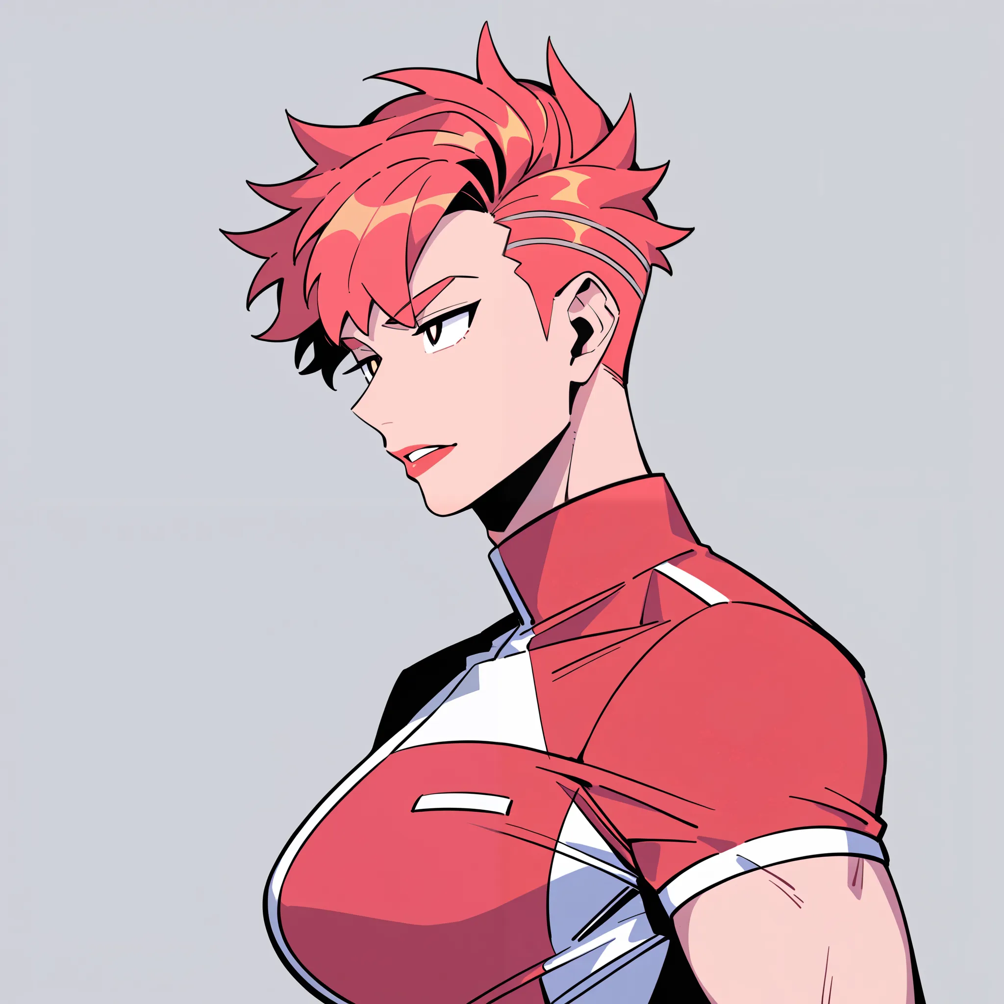 anime characters：1woman, adult, athletic, tall, strong, large shoulders, broad shoulders, breasts, female focus, red short sleeve outfit, red clothes, white boots, cargo pants, only, athletic female, only, Upper body, alone, red hair, thin eyebrows, white ...