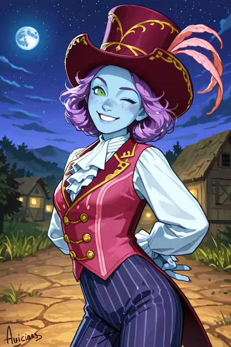 triton, solo, female, blue skin, lavender colored hair, freckles, (wearing a large pink silk top hat), green eyes, (wearing a pink vest), [[a ruffled colonial white shirt underneath the pink vest]], red colonial era cravat with embeded gem,  top hat fit sn...