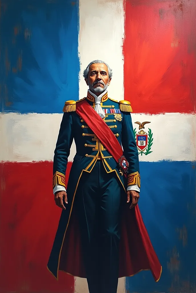 Create a mural with images of Juan Pablo Duarte, founder of the Dominican Republic, with a background flag of the Dominican Republic.