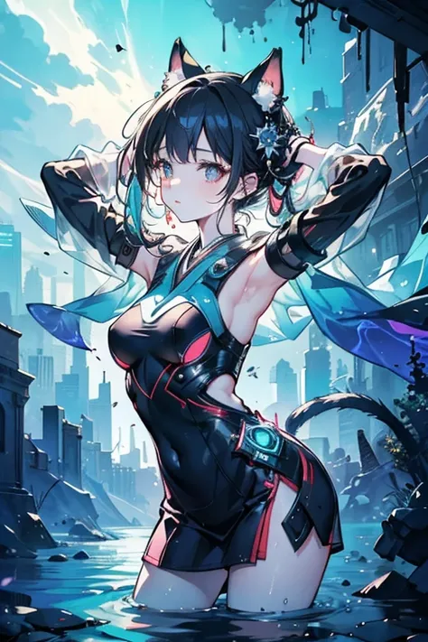 A 20-year-old Japanese woman with cat ears soaring above an ancient submerged ruin in the ocean. She is wearing a cyberpunk-style outfit with glowing neon elements, and her arms are spread wide as she flies. The scene captures the contrast between the futu...