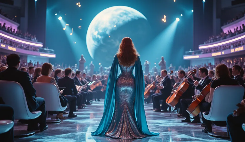 A dazzling woman with a holographic silver corset and a floor-length midnight blue velvet cape steps forward on an illuminated glass stage, a retro-futuristic orchestra playing behind her. Her long, wavy auburn hair cascades over one shoulder as holographi...