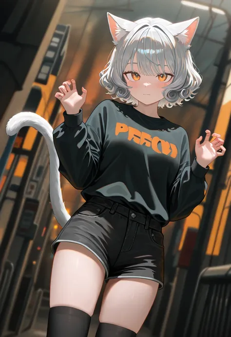 1GIRL,  , , cute girl, , cute style, , beautiful face, cute face, , perfect face,   , ****, cat girl style, multicolored, long silver curly hair, , perky cat ears, fluffy cat tail, long sleeve shirt and shorts,

 orange and black clothes, street wear style...