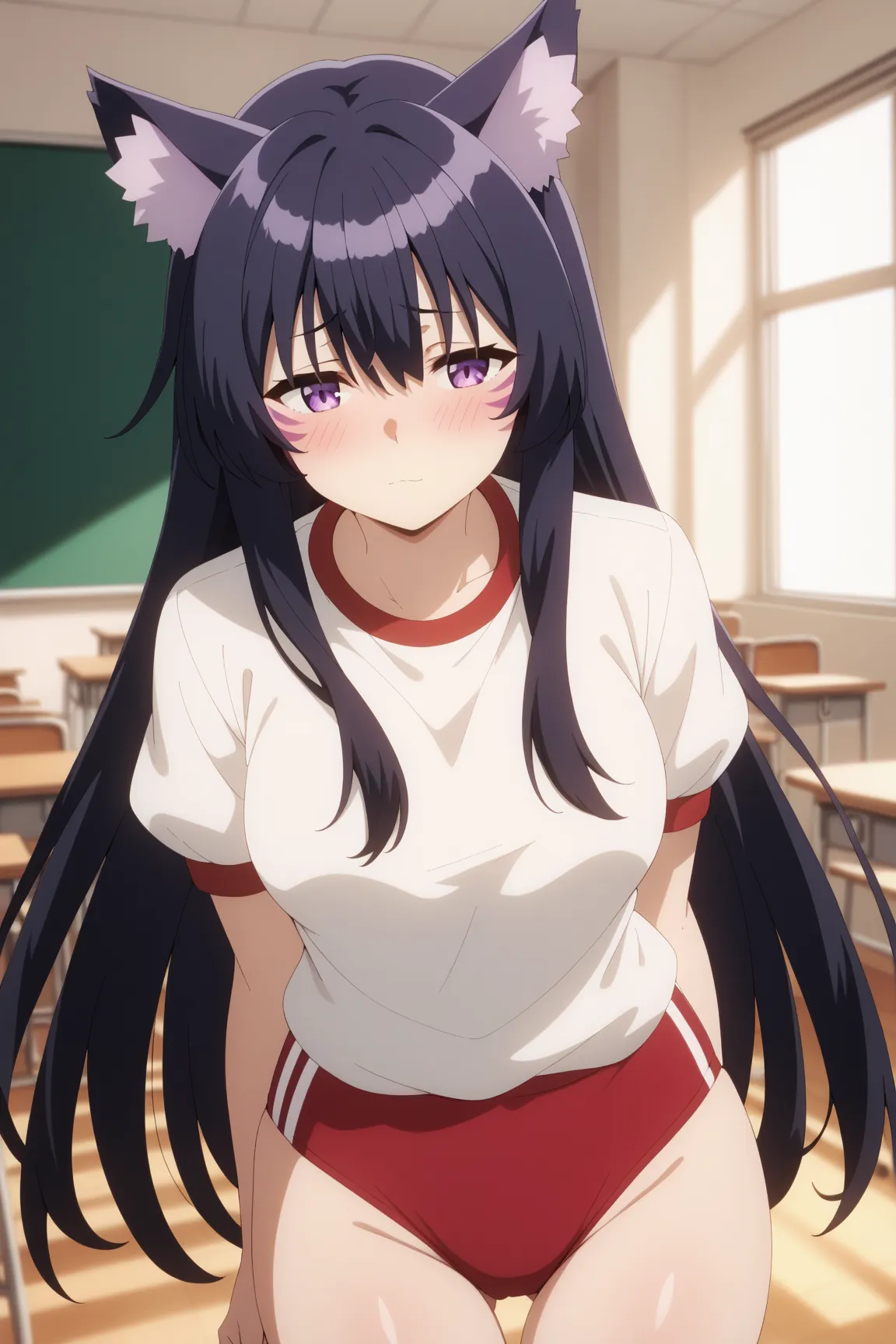 masterpiece,best quality,{{detailed beautiful face and eyes}}, very detailed background,
Delta,{{{megami magazine}}},long hair,black hair,cat ears,animal ear fluff,facial mark,hair between eyes,half closed eyes,purple eyes,medium breasts,
gym uniform,red b...