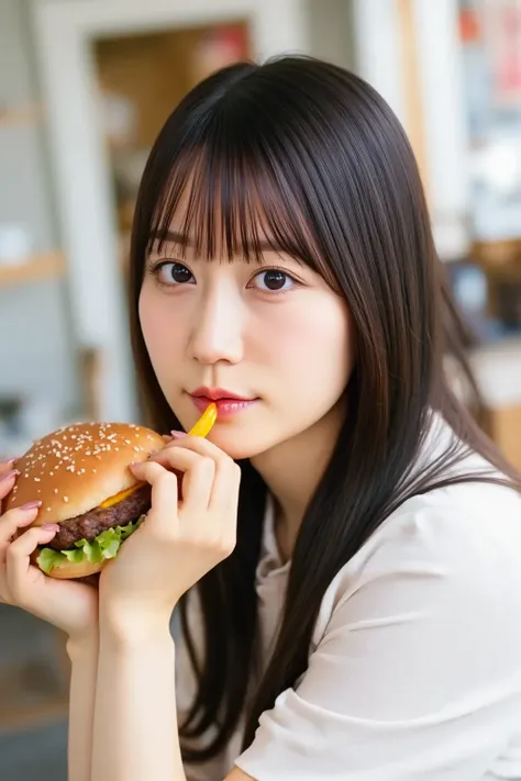 Portrait of a confident young Japanese woman taking a big bite of a gourmet burger. She has medium-long black hair and a fair complexion. natural window light, shallow depth of field, mouth open mid-bite, juice dripping. professional food photography light...