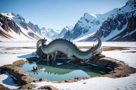 two dragons living in a lake nearby snow mountain