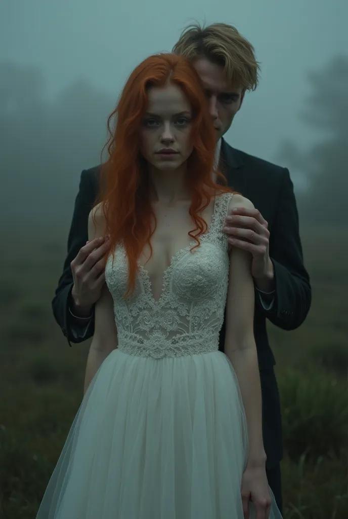 Young woman 
Pretty redhead with leaf-green eyes wedding dress with a slumped look and handsome blond masculine man behind her holding her by the shoulders with the gloomy weather surrounding them and lots of very dark fog as real as possible 