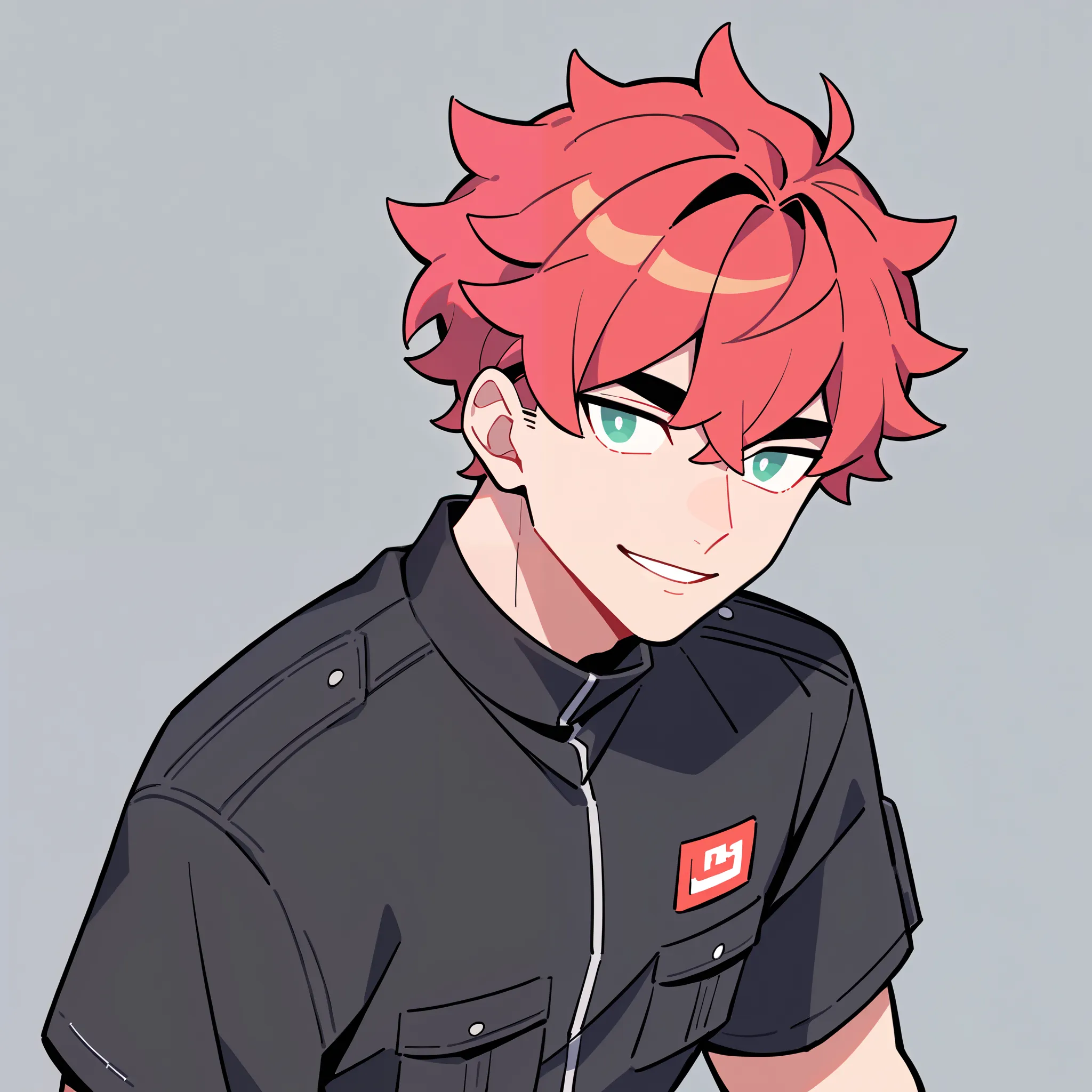 anime characters：1man, adult, twink, male focus, black short sleeve outfit, black clothes, black boots, cargo pants, only, twink male, only, Upper body, alone, red hair, fluffy hair, thick eyebrows, green pupils, Light Grey background, simple background, a...