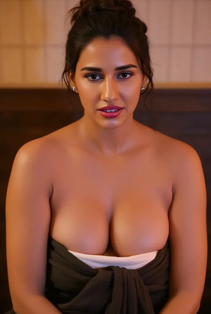 Photo of a Voluptuous Indian Mature Lady with Dark skin, Wearing black transparent Saree and white Transparent Blouse, Large Breasts Visible, Large U Cut cleavage exposed, Hair Messed up, Looking guy underwear, Sitting on bed, A Young school Guy kisses the...