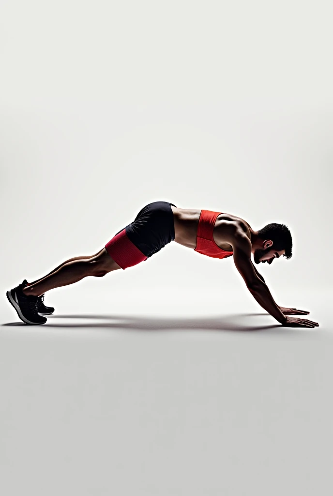 Generate an image of an athlete in a plank position on the ground, with the body fully aligned. Activated muscles must be highlighted, with emphasis on the transverse core, of the abdomen and lower back. The bottom must be simple and professional