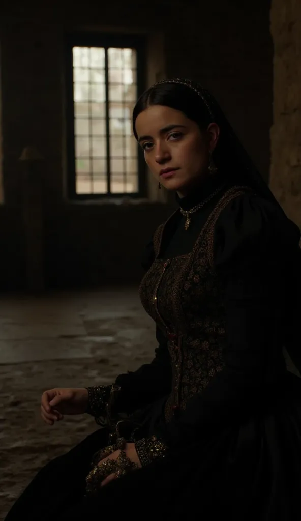 Paulina , with a sad face, 16th century, dressed in mourning, room in the castle of Tordesillas, she kept Felipe's  next to her in her bed for days., dark walls and barred windows, general shot, hyper-realistic , cinematography.