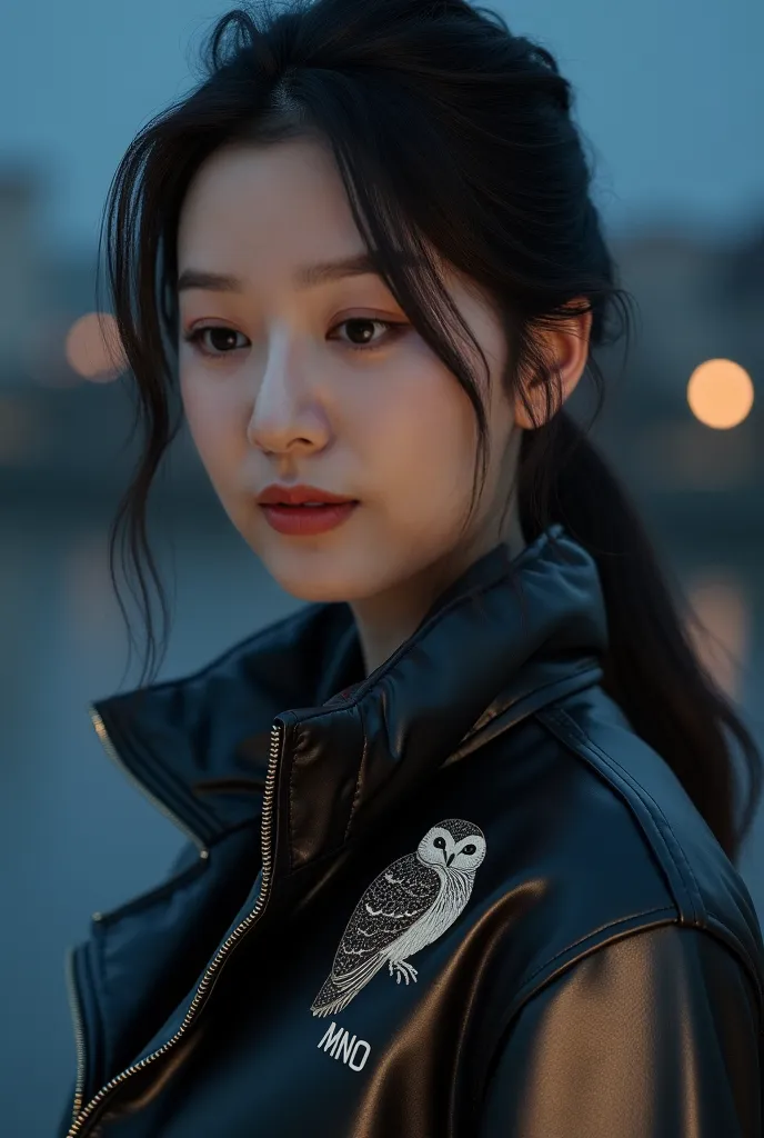 Hyper realistic person. Beautiful woman. Wearing jacket. With Owl Logo and MNO word under it on the right side of the chest. Korean-looking. With night background. Portrait shot. Natural light.