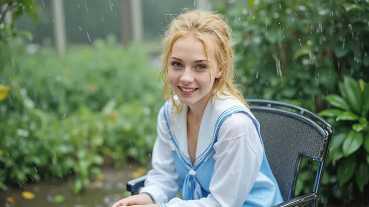 A photorealistic close-up image of a beautiful young 18-year-old Japanese woman, but with blonde hair and blue eyes.  She is wearing a light blue and white sailor suit and sitting on a metal chair in a garden in the torrential rain.  She is looking at the ...