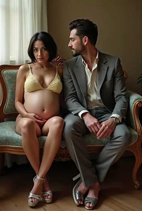 realistic image of a couple sitting on an antique sofa, In a modest room.  Mulher de Thirty years branca, very pregnant, Thirty years,  with short black hair,  white lace bra , yellow bikini and silver platform sandals with very high heels, looking at the ...