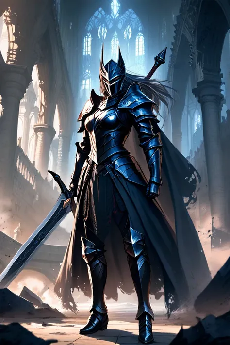 Female dark knight in full black armor.