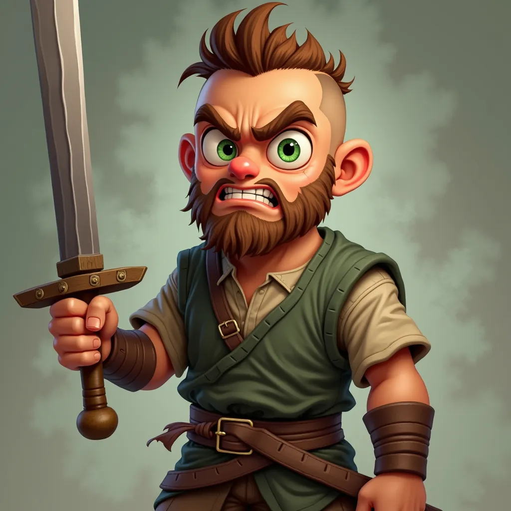 Raise a  with the almost realistic cartoon style, He wears rags and carries a wooden sword,  Your eyes are green, your hair shaved on the sides only and your hair color is brown, Your facial expression is one of anger