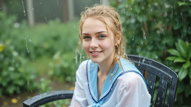 A photorealistic close-up image of a beautiful young 18-year-old Japanese woman, but with blonde hair and blue eyes.  She is wearing a light blue and white sailor suit and sitting on a metal chair in a garden in the torrential rain.  She is completely soak...
