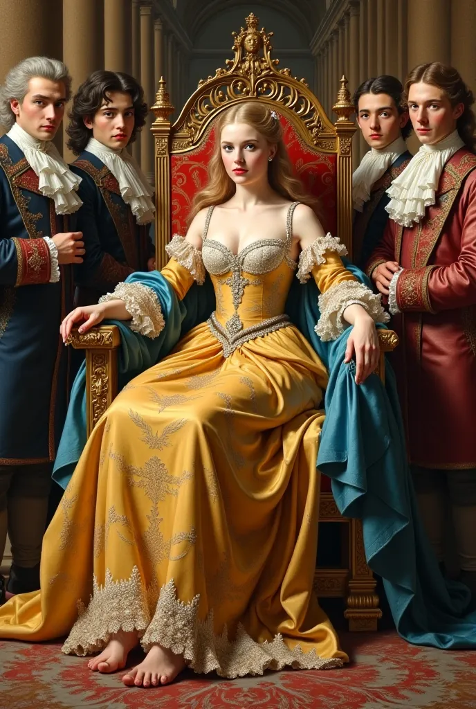 Catalina La Grande, a beautiful young blonde sitting on her throne surrounded by several suitors, handsome noble men.