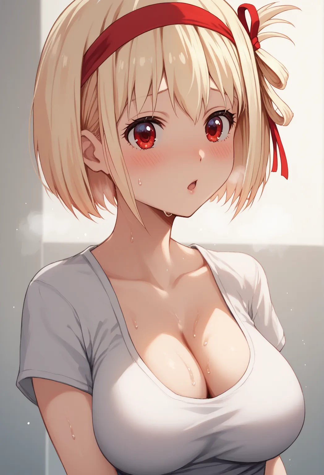 run big breasts、Blush、sweat、 In the heat 、Alone,  a girl, nishikigi chisato, chisato nishikigi,  short hair , pony ,  blonde hair, red eyes, headband,  on one side up , bob cut
{highest quality}, {so beautiful}, {very detailed}, {best illustrations},Life、 ...