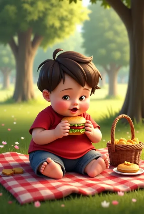 Fat  boy,  of the red shirt, sitting, eating a sandwich, at the picnic, in the park 