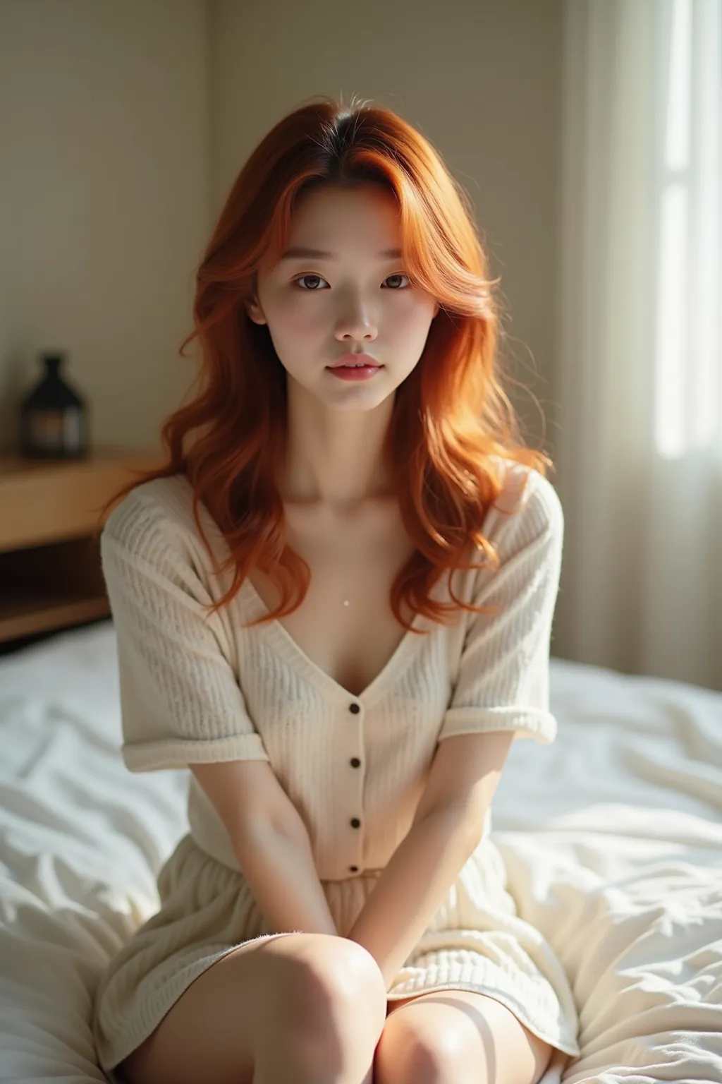 Professional Photo Shoot of Beautiful Women、Natural light shines beautifully on the subject、A 16-year-old cute Japanese with red hair、Small face、Well-balanced round contours、, big eyes, and double eyelids、Straight through the bridge of the nose 、A slightly...