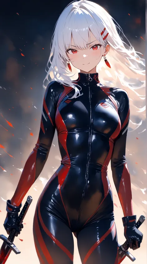 Swimming suit, cool , (long-white-hair), (black-clothes), red hairpin, black gloves Red eyes, distinct line, 8k, wield knife, (two black-knife), scowl at, return blood, dusky blood, Cowboy Shot, depth of field, Traditional Imitation Media, painterly, Impre...