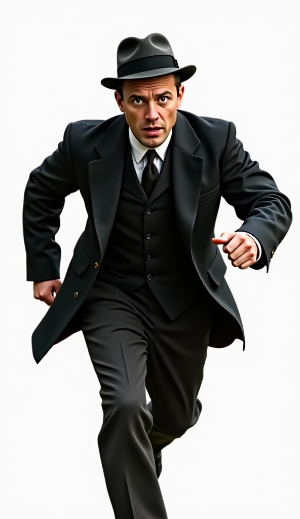 A male civilian in 1940s vintage clothing, running towards the camera in a panic. He is dressed in a dark wartime suit and hat, his face showing urgency and fear as he looks directly into the camera. His body is slightly turned, suggesting motion, as if he...