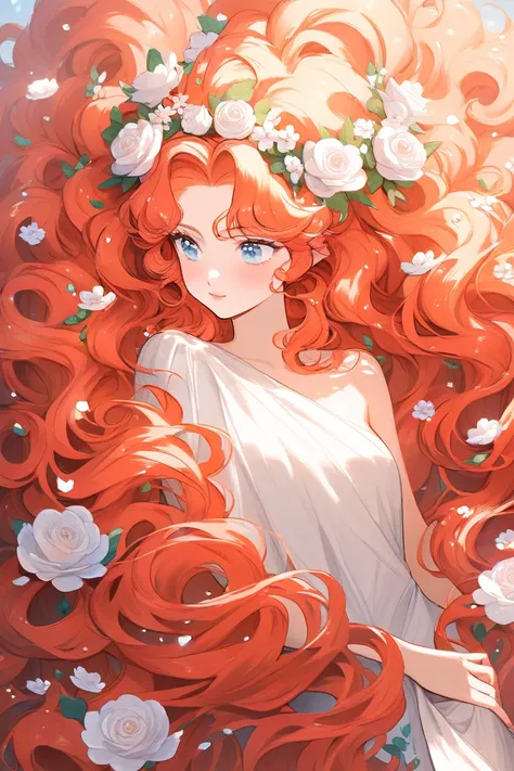 Most beautiful woman in the world, flower crown, orangey hair, redhead, strawberry blonde, curly hair, absurdly long hair, hair cascates down her body, frizzy hair, volumous hair, rosy cheeks, light skin, pale blue eyes, gentle, kind, white drapes