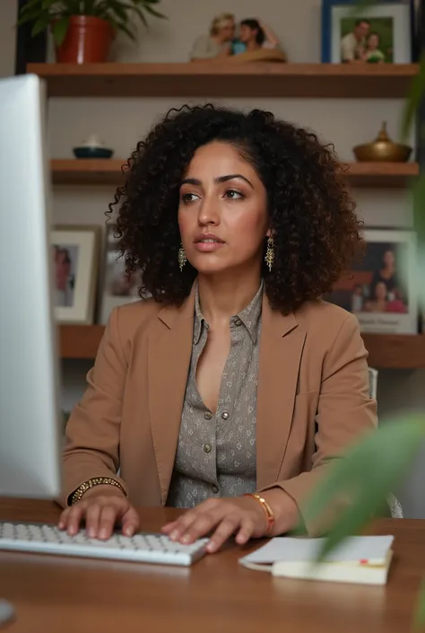 I want photos of a mother who works at home on the computer, Curly, with a professional look, But showing that you are at home close to the family