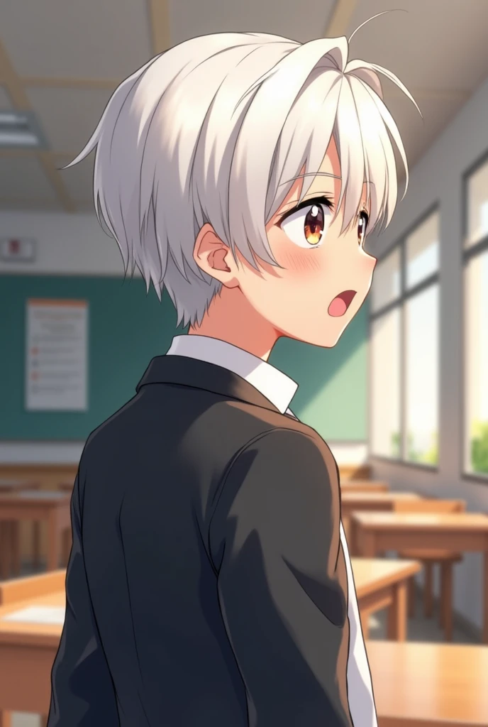 2d Anime illustration bright rich: 2d Student with short white hair. His eyes are wide open, Mouth open in surprise.  wearing a school uniform: black blazer, white shirt. There is a classroom around, lots of space . he looks to the left ,  his eyes are poi...