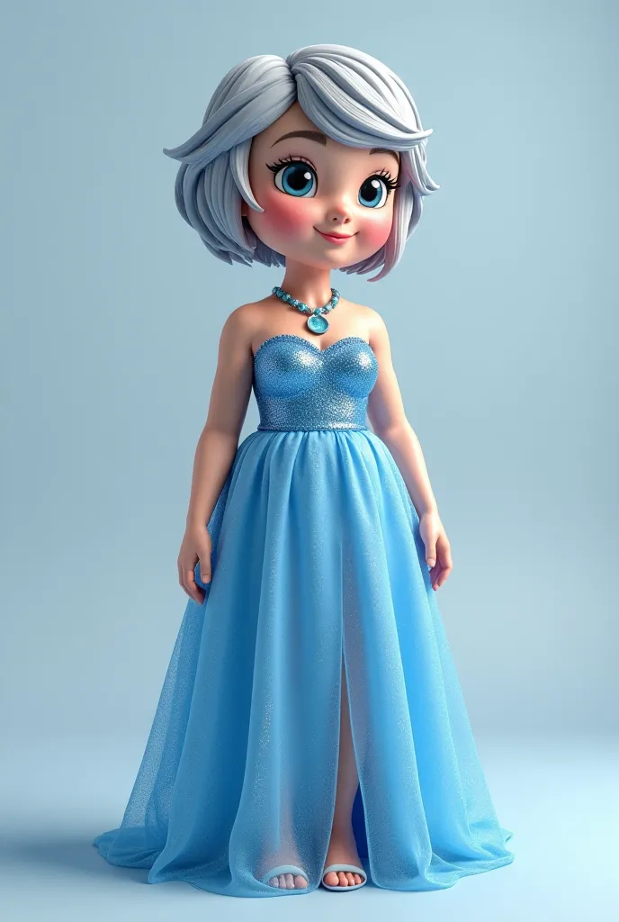 Create a 3D Funko Pop with a rendering style that must be stylized in 3D. Funko pop short gray hair. With a clip on the side. female wearing. Baby Blue Party Plus Size Glitter with Multiform Cover. Model composed of two fabrics. In the glitter tulle dress ...