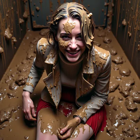 During huge rain of the liquid mud a very slender kate middleton smearing on own clothes liquid shit, poo, slime, food waste, deep diving in mud, sitting in a sewer, crawling in shot for maximum staining in shit own clothes. Her clothing coated fully coate...