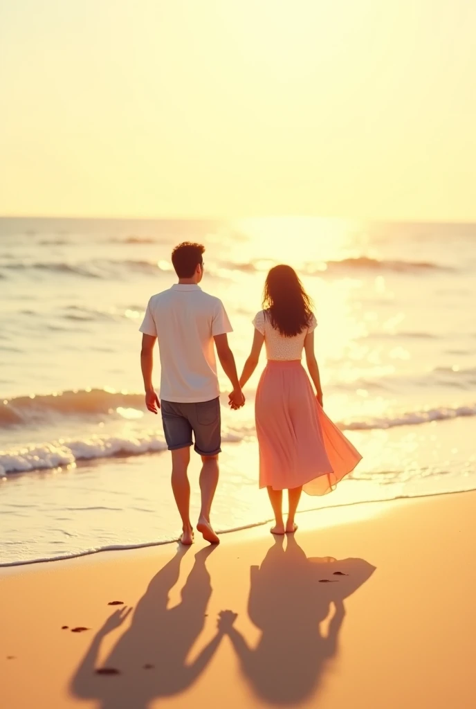 Beach Romance – A couple walking hand in hand on a beach with waves touching their feet, symbolizing togetherness.