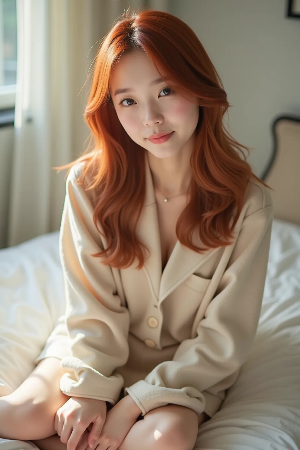 Professional Photo Shoot of Beautiful Women、Natural light shines beautifully on the subject、A 16-year-old cute Japanese with red hair、Small face、Well-balanced round contours、, big eyes, and double eyelids、Straight through the bridge of the nose 、A slightly...